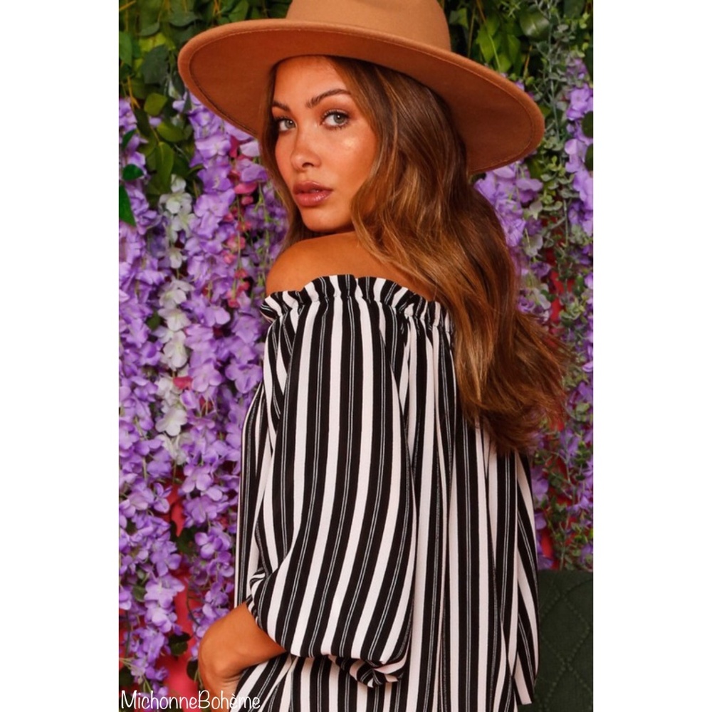 FANTASTIC FAWN Off Shoulder Striped Woven Ruffled Neck Top In Black & Cream - Picture 8 of 9